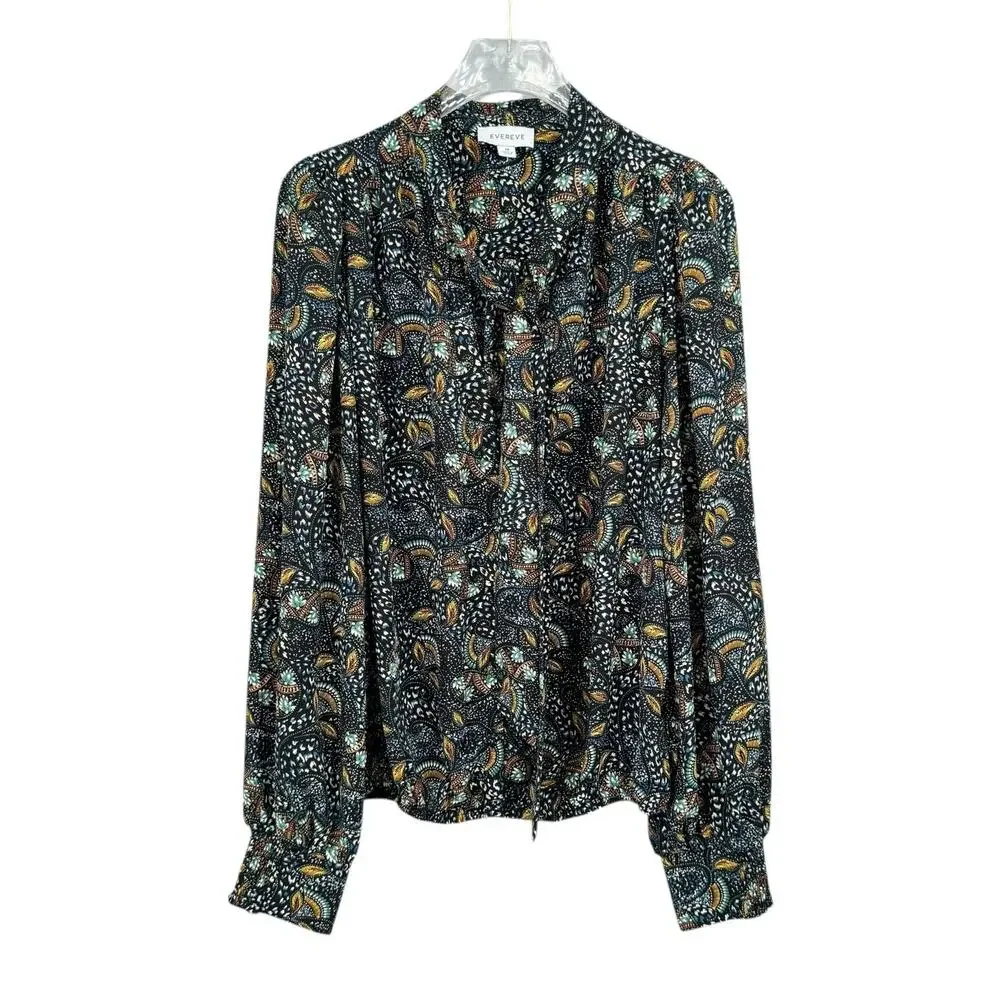 Evereve Charlie Neck Tie Teal Multicolor Printed Long Sleeve Chiffon Blouse - Picture 8 of 12